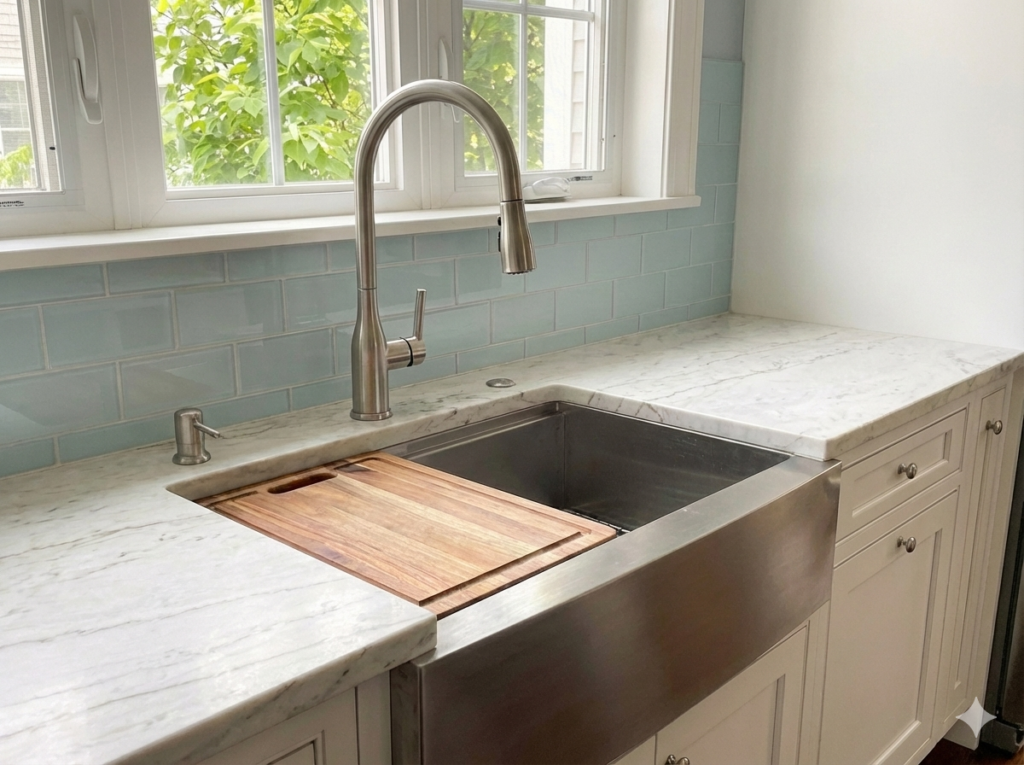 White Showplace cabinets in a Cheshire kitchen, highlighting the sink area with a panel-ready dishwasher to the side and adjacent storage cabinetry, contrasted by a dark wood island.