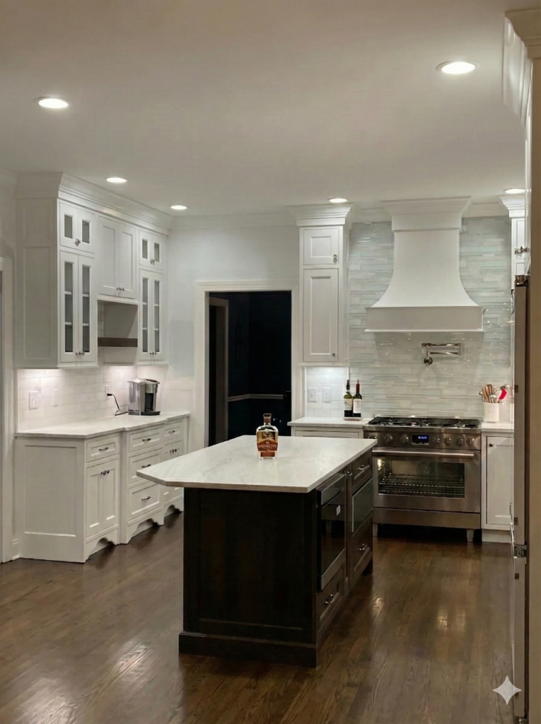 Bright Cheshire kitchen featuring white Showplace perimeter cabinets, a large dark wood island with a marble top, stainless steel range, and a light blue subway tile backsplash.