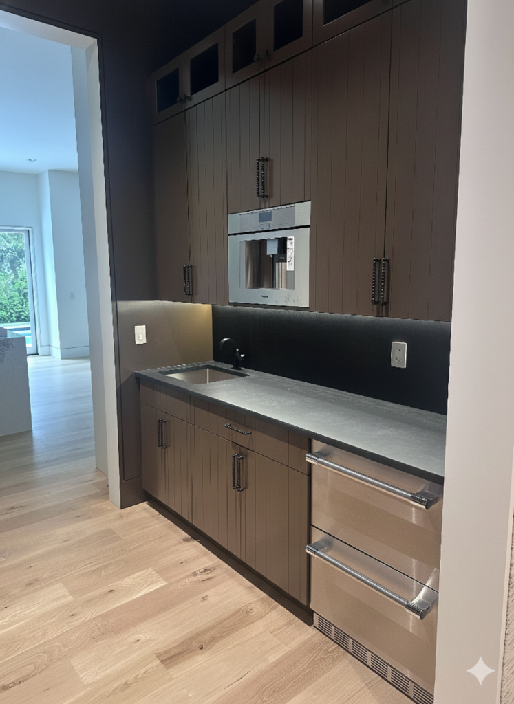 Modern custom wet bar with dark brown fluted cabinetry, black countertop, integrated microwave, sink, and stainless steel under-counter refrigerator/freezer drawers.