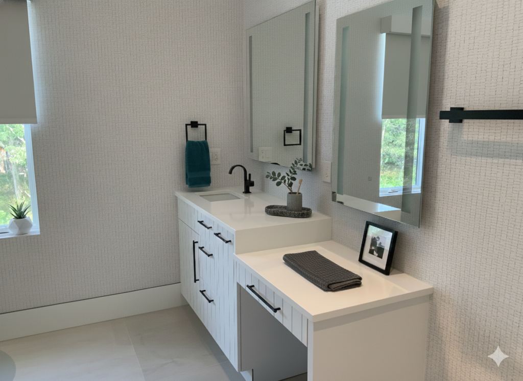 Modern bathroom featuring a white fluted single vanity, integrated countertop sink, black matte faucet and hardware, and rectangular backlit LED mirrors.