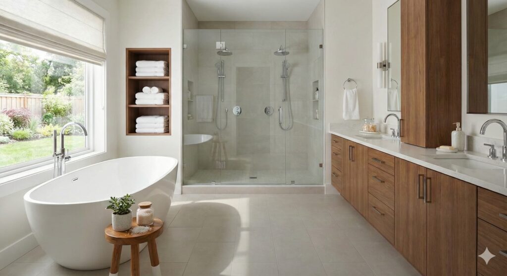 Bright, spa-inspired bathroom remodel by M&R Kitchens + Baths featuring a freestanding soaking tub, large glass shower, and modern wood vanity.