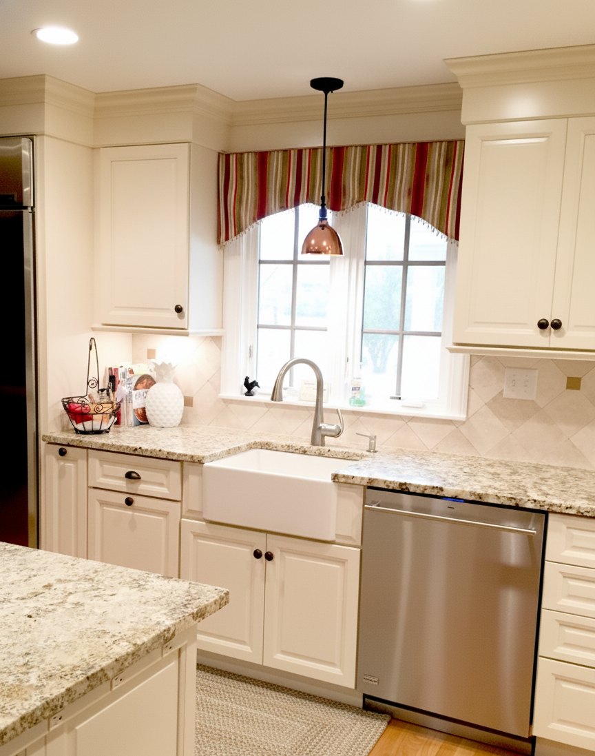 Daytime view of a remodeled, light-toned kitchen featuring custom cream cabinetry, light granite countertops, a deep farmhouse apron sink, and stainless steel appliances.