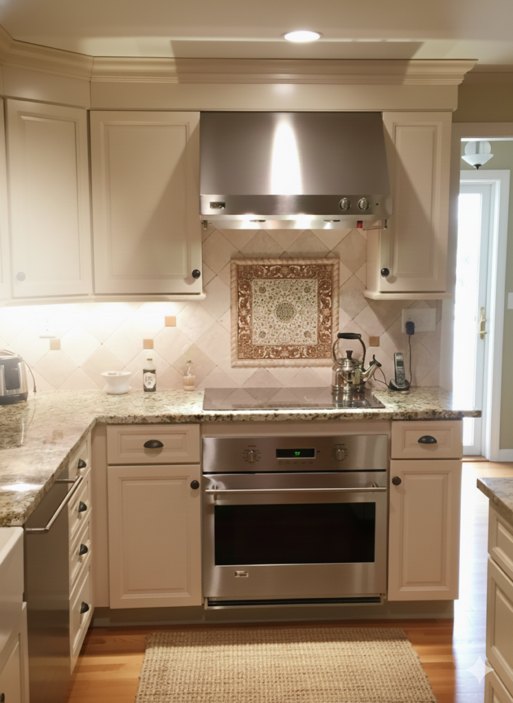 Highly illuminated kitchen featuring custom cream cabinetry, light granite countertops, an induction cooktop, commercial style range hood, and a bright, open doorway showing natural light flooding the space.