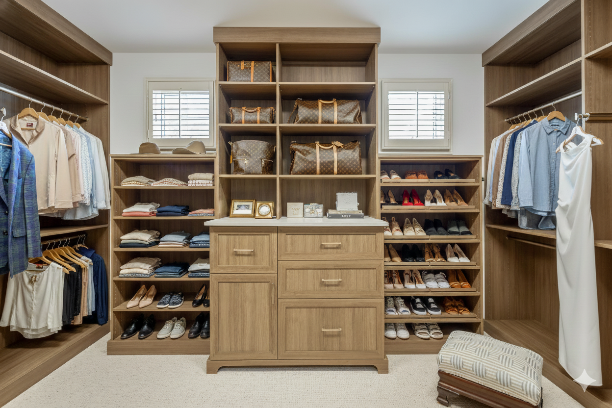 Custom walk-in closet featuring warm light oak cabinetry, dedicated storage for folded clothes, shoes, and hanging garments, and a central cabinet console with drawers and a white countertop.