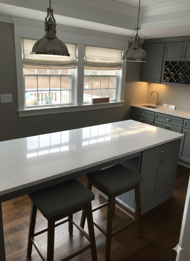 Warm, inviting kitchen featuring cream cabinetry, granite island with seating for two bar stools, a visible wine rack with bottles, and bright copper pendant lights turned on for evening ambiance.