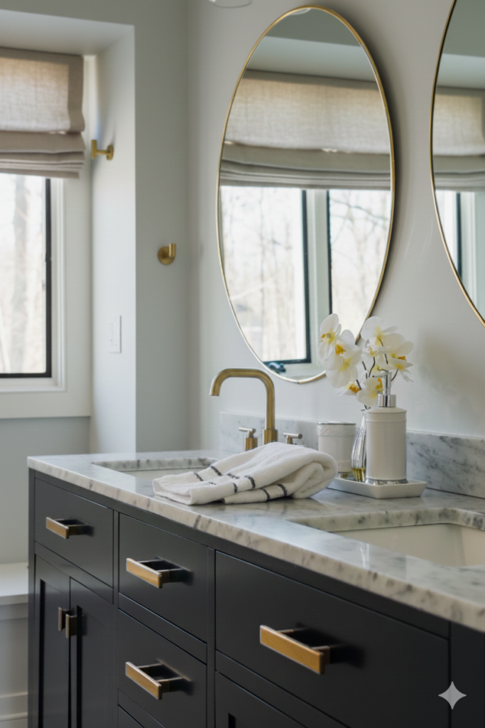 Modern bathroom double vanity in dark navy finish with gold brass drawer pulls, marble countertop, and oval gold-framed mirrors above.