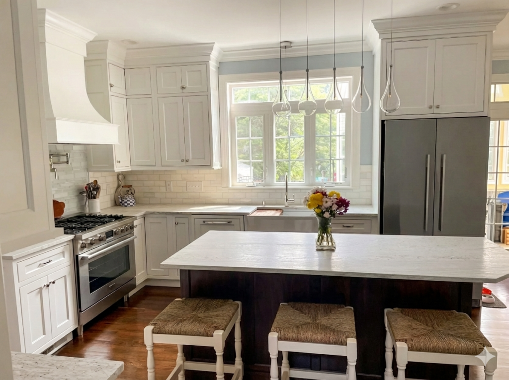 Spacious Cheshire kitchen with white Showplace perimeter cabinets, a contrasting dark wood island with marble countertop, stainless steel range, and light blue subway tile backsplash.